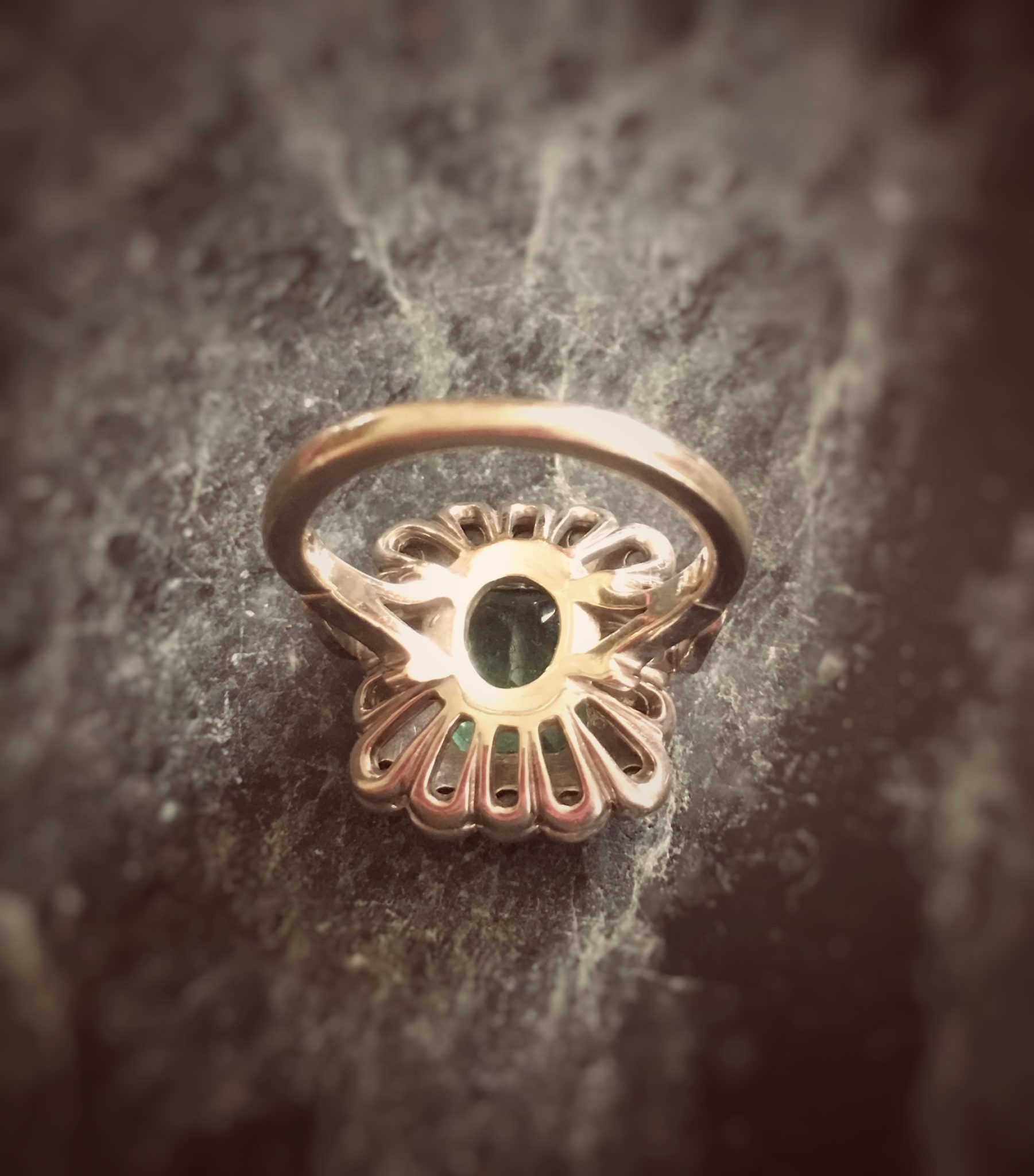 Vintage 14kt WG Colombian Emerald and Diamond Bezel Set Halo Ring