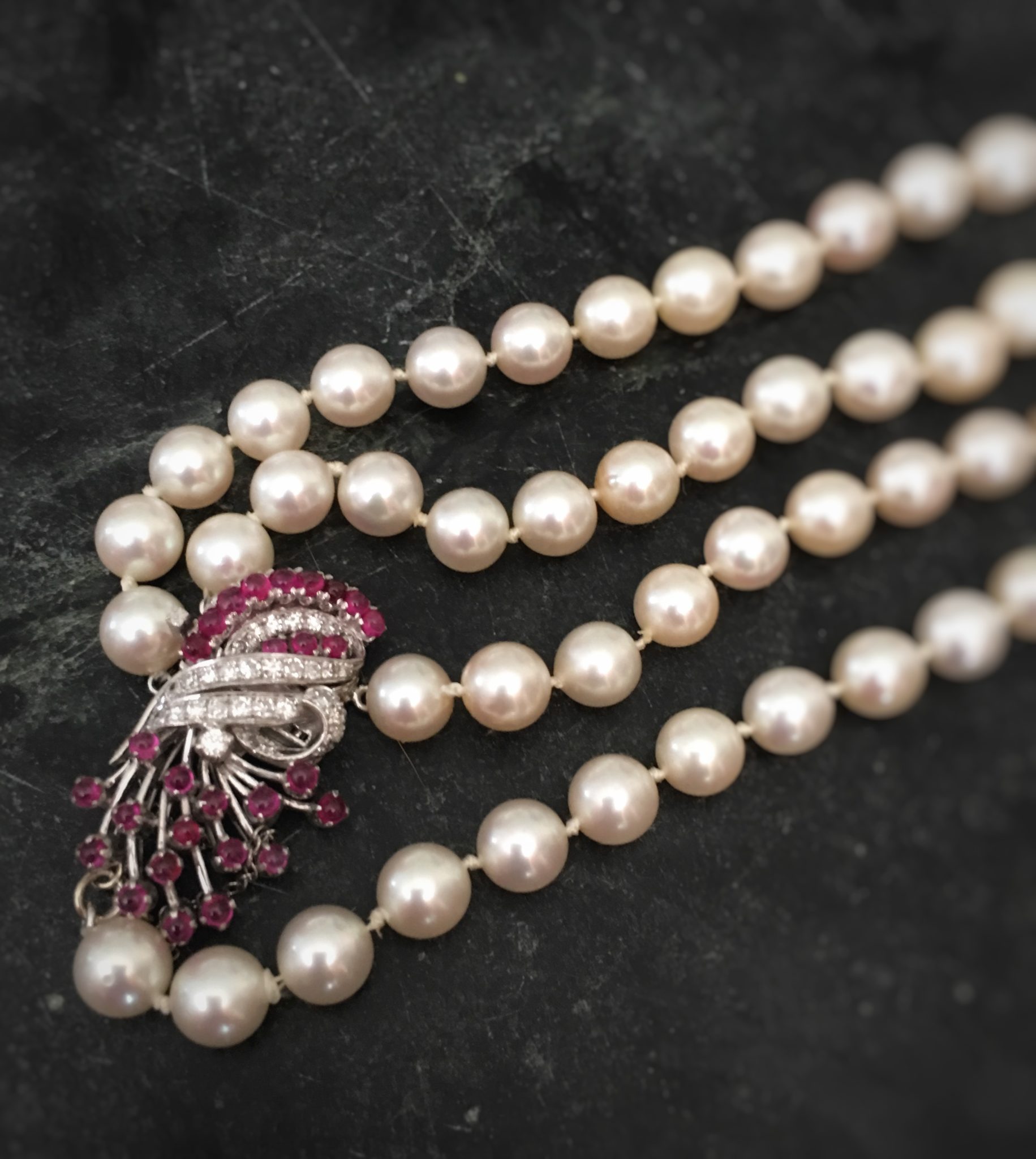 Antique Art Deco Cultured Pearl, Ruby, and Diamond Double Strand Necklace Jewelry