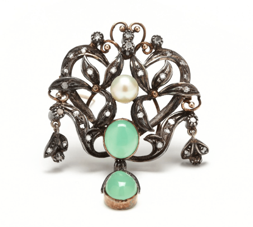 Victorian Antique Silver Topped Chrysoprase, Cultured Pearl and Diamond Pendant/Brooch