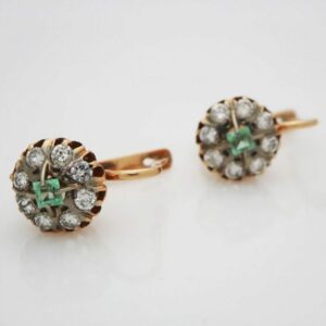 Antique Russian 14kt Yellow Gold Lever Back Emerald And Diamond Earrings