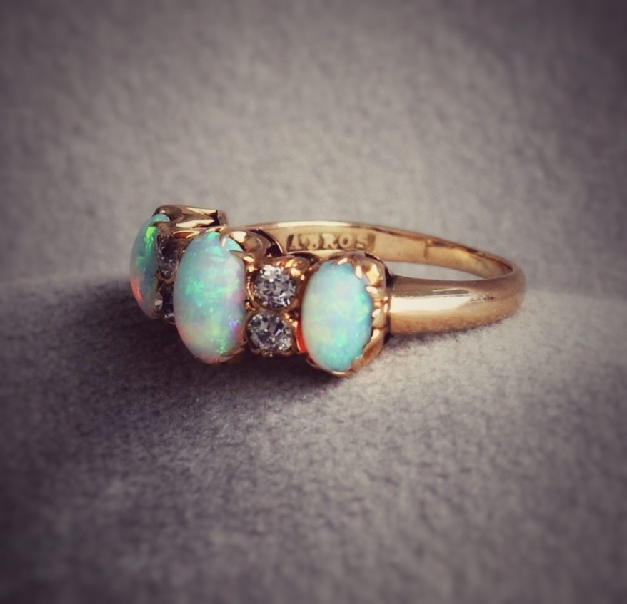 Vintage 18kt Yellow Gold Opal and Diamond Anniversary Band