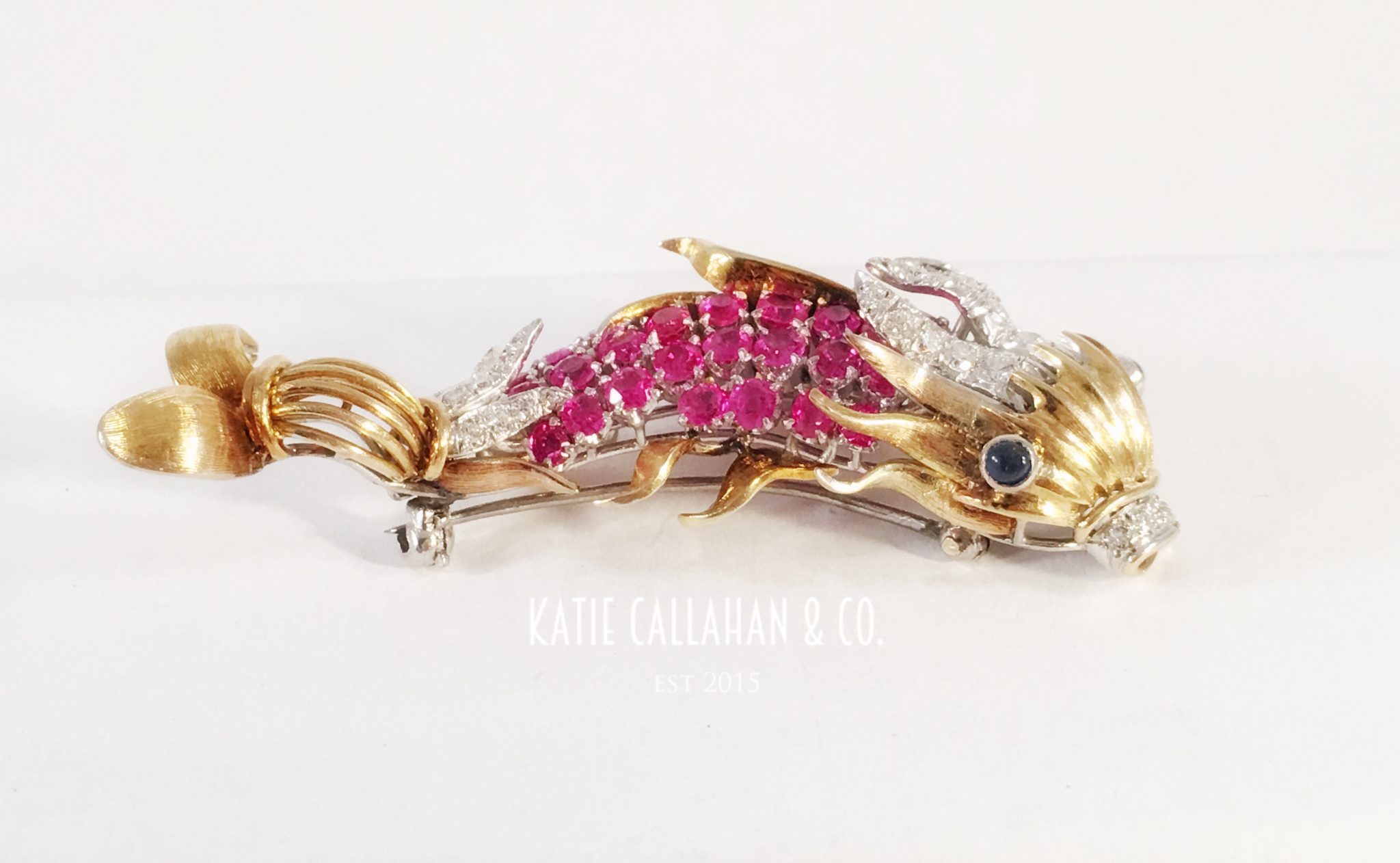18kt Yellow and White Gold, Ruby, Diamond and Sapphire Koi Brooch