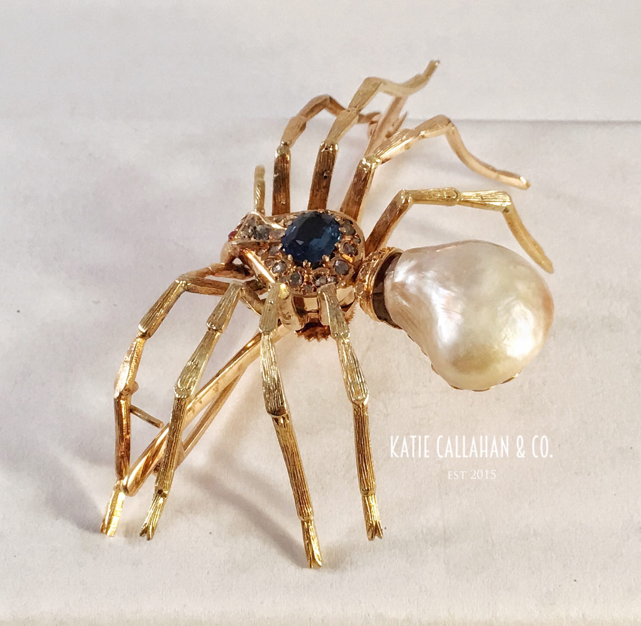 Victorian Antique 18kt Yellow Gold, Pearl, Sapphire and Ruby Spider Pin