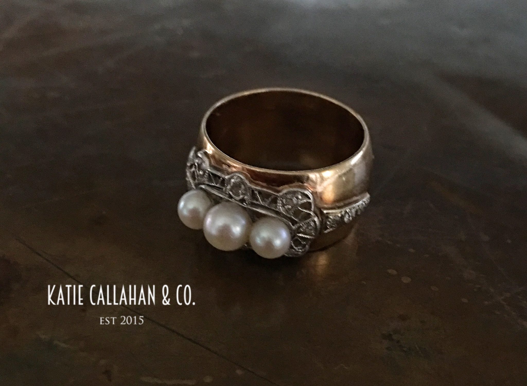 Edwardian Mine Cut Diamond and Cultured Pearl 14kt Yellow Gold and Platinum Topped Ring (Antique)