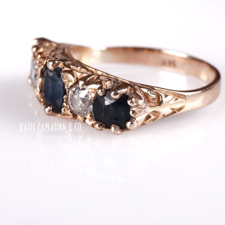Edwardian 14kt Yellow Gold Mine Cut (.36ctw) and Sapphire (1.37ctw) Ring