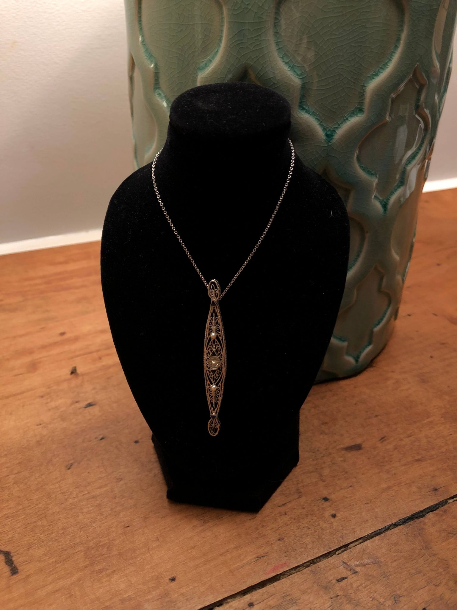 Edwardian 9kt White Gold Diamond Pearl and Sapphire Filigree Pendant (Antique)