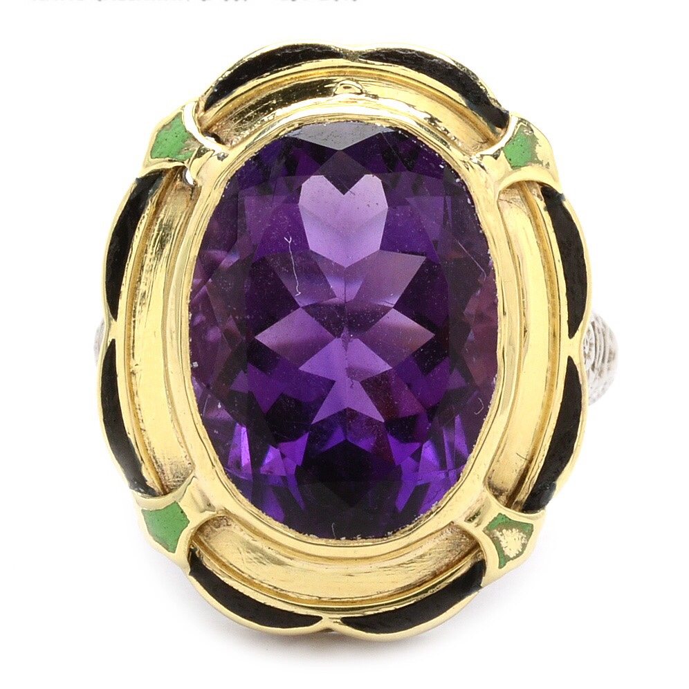 Amethyst and Art Deco 14kt White and Yellow Gold Enameled Ring (Antique)