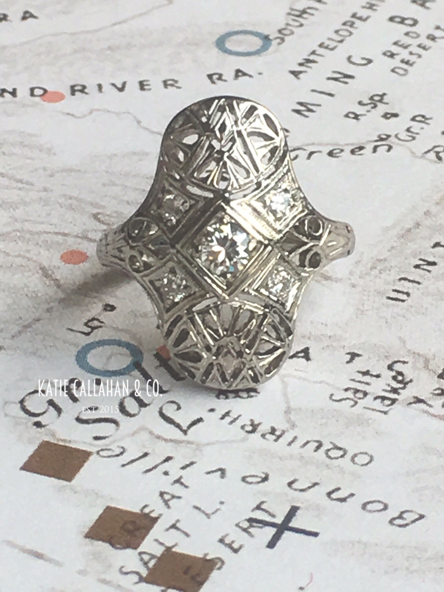Edwardian Platinum Five Stone Diamond Filigree Ring (Antique)