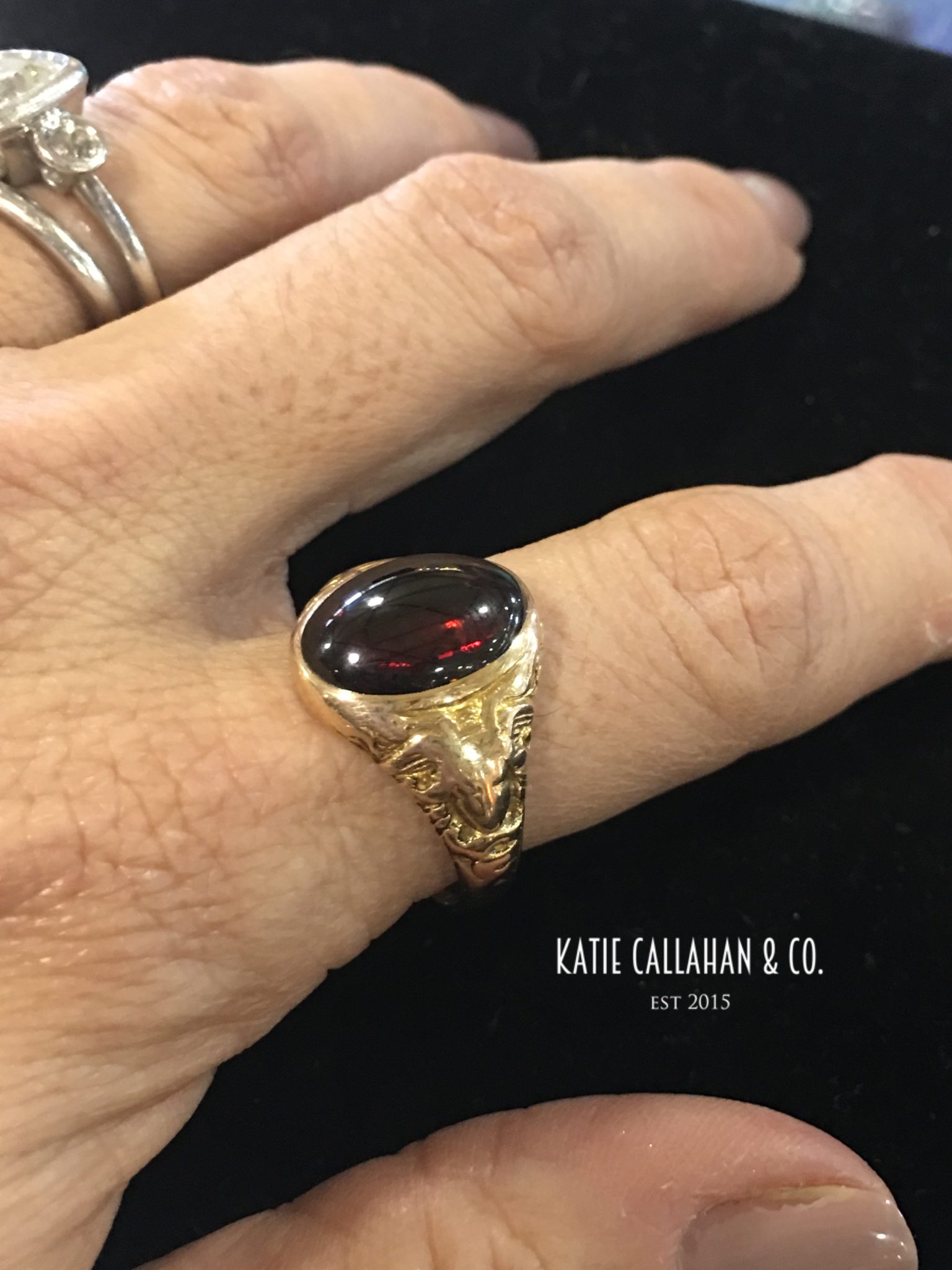 Edwardian Garnet and 12kt Yellow Gold MB Bryant Ring (Antique)