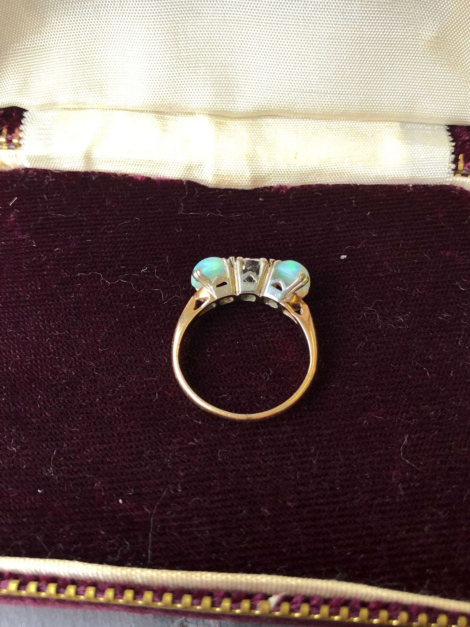 Vintage 14kt Yellow Gold Opal and Diamond Three Stone Ring