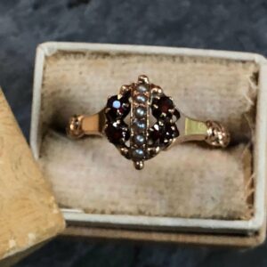 Victorian 14kt Yellow Gold Allsopp Brothers Garnet and Seed Pearl Ring (Vintage)