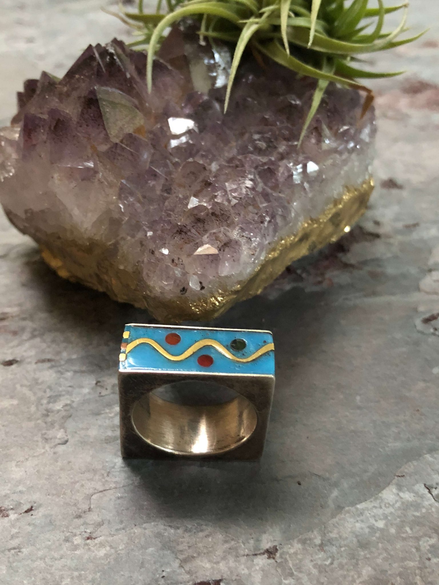 Vintage Retro Sterling Silver and Enamel "Square" Ring (Mexico)