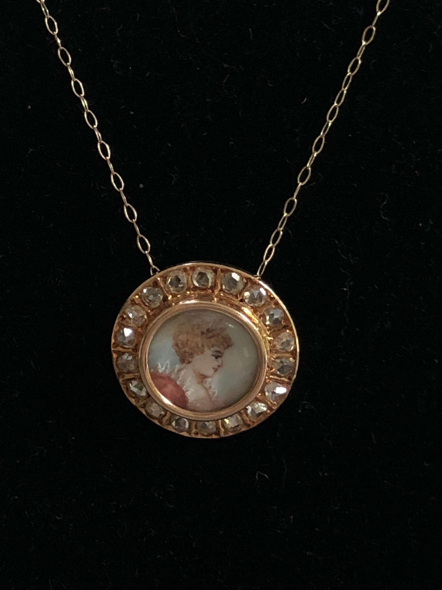 Victorian Yellow Gold Hand Painted Portrait Pendant with Diamond Surround (Vintage)