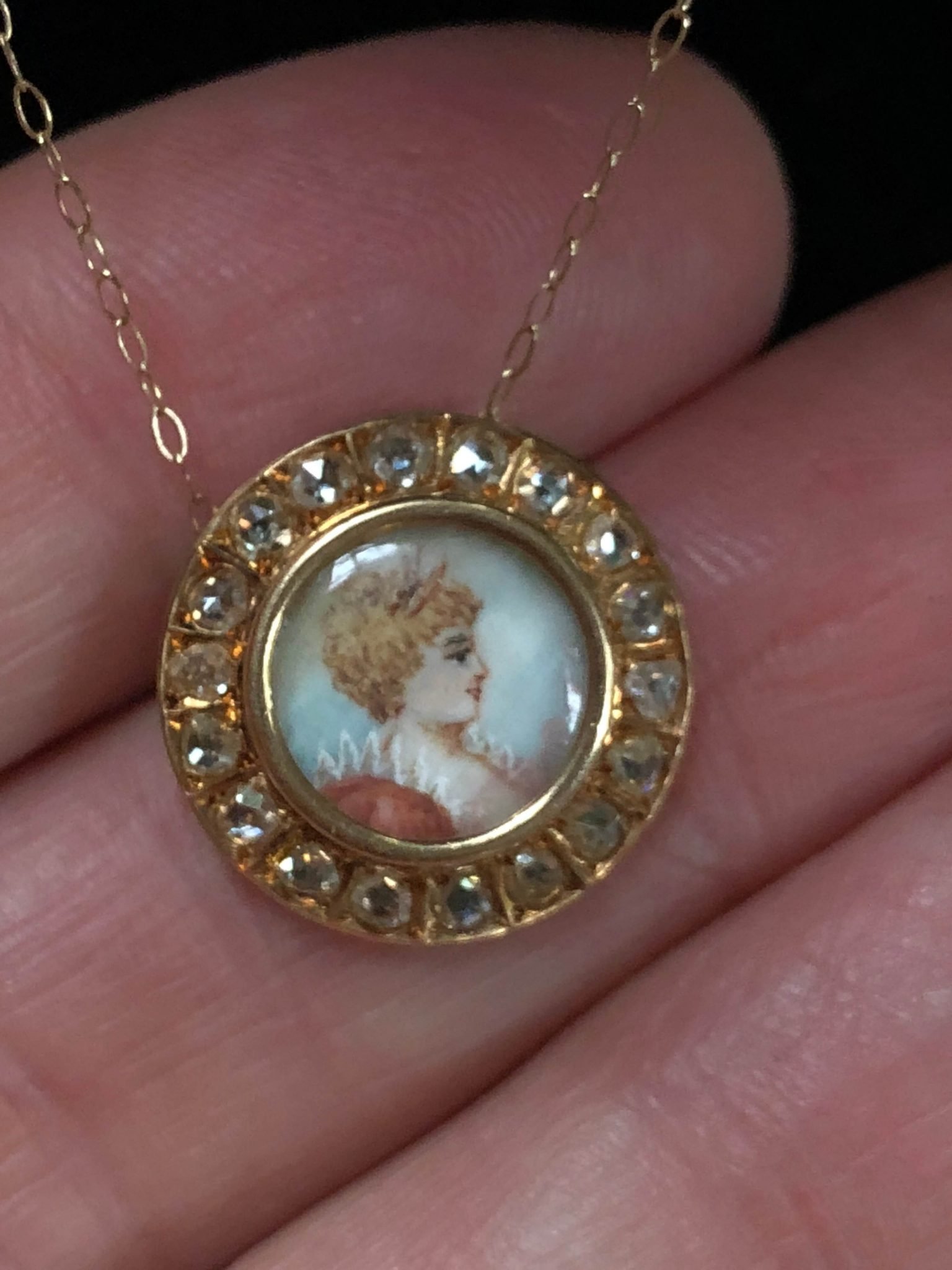 Victorian Yellow Gold Hand Painted Portrait Pendant with Diamond Surround (Vintage)