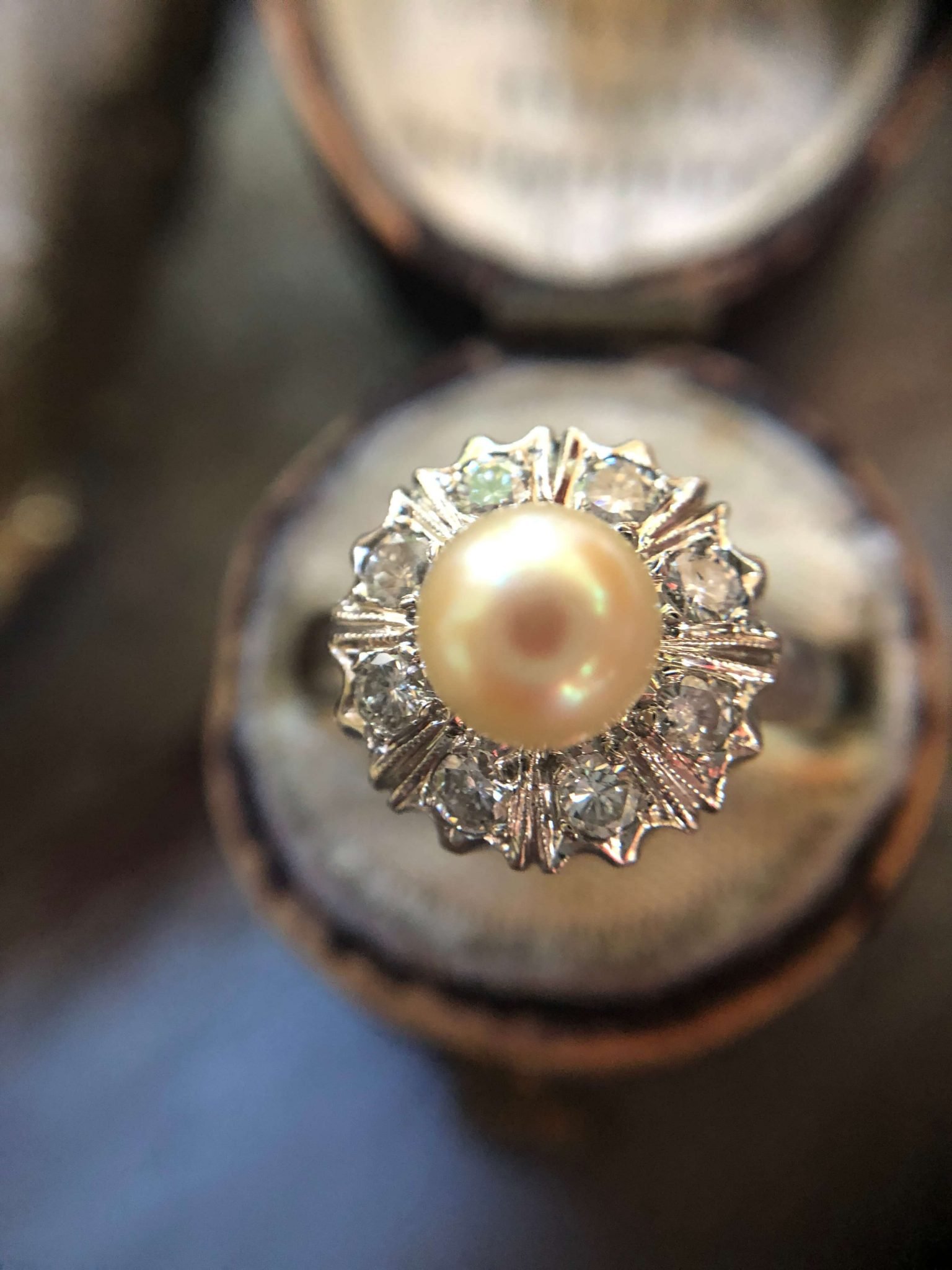 14kt White Gold Old Cut Diamond and Pearl Vintage Ring