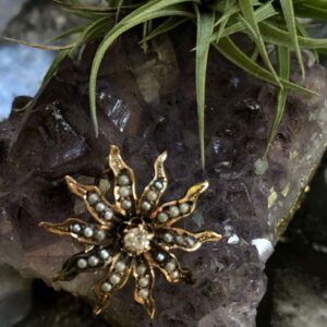Victorian CD Peacock Yellow Gold Pearl & Diamond Starburst Pendant/Brooch (Vintage)
