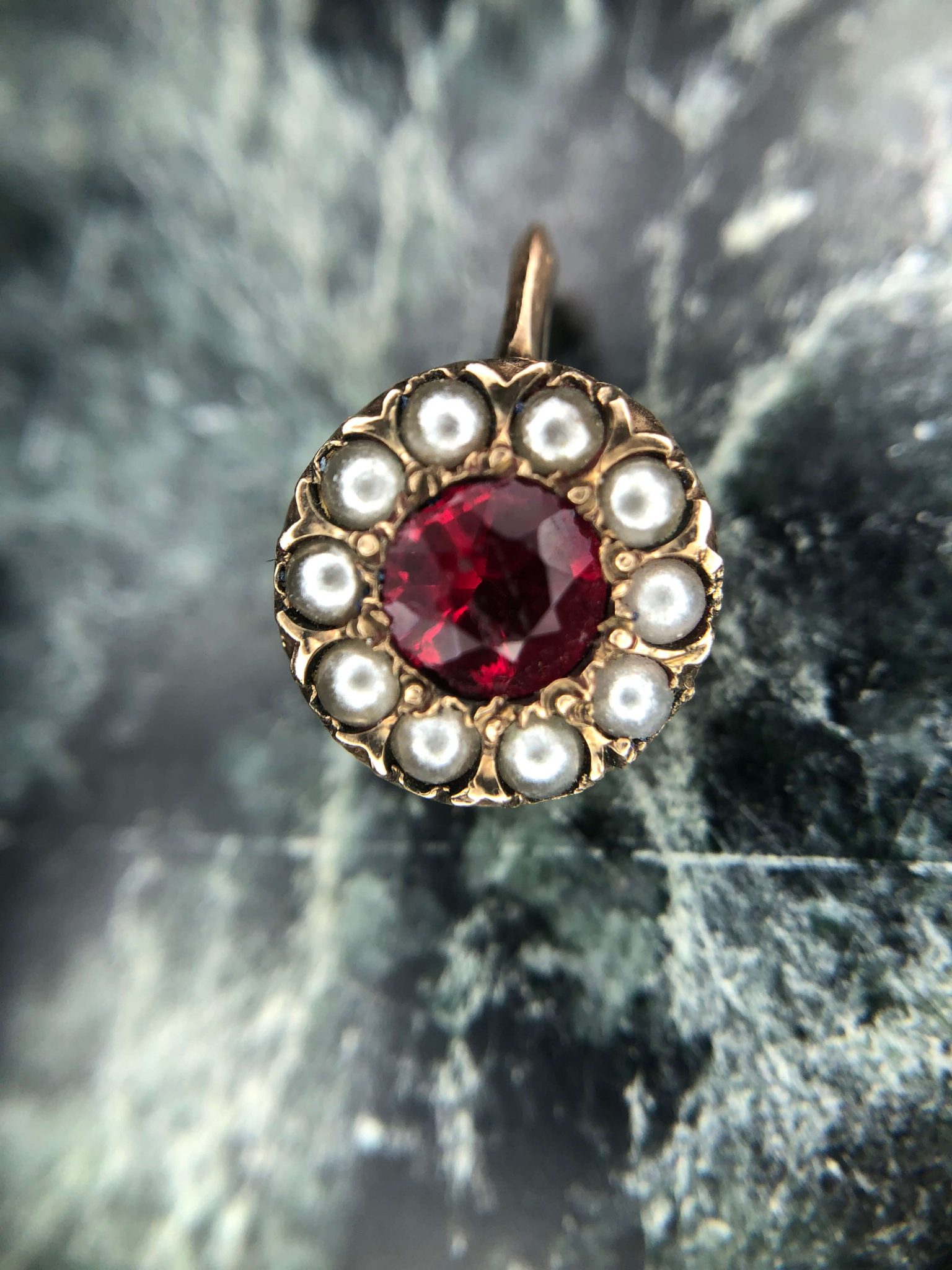 Vintage 14kt Yellow Gold Paste Ruby and Seed Pearl Stick Pin Conversion Pendant