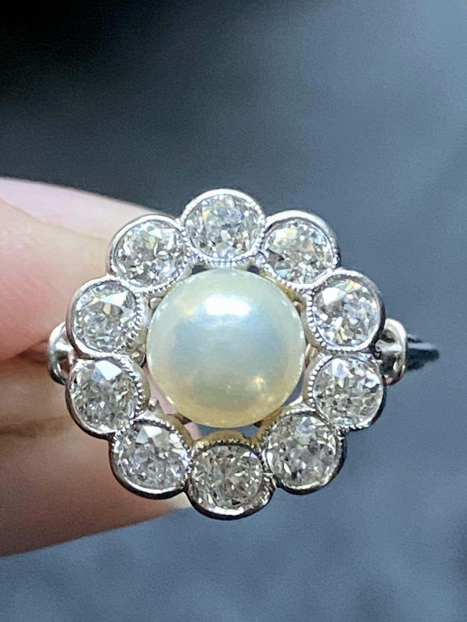 Pearl and Antique Diamond Halo Ring