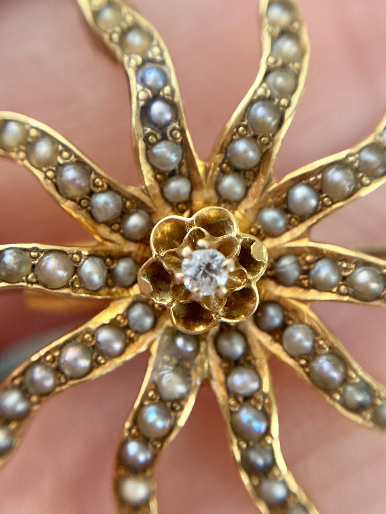 Victorian Diamond and Pearl Sunburst Brooch/Pendant